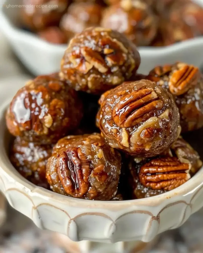 Delicious easy pecan pie balls displayed on a festive table.