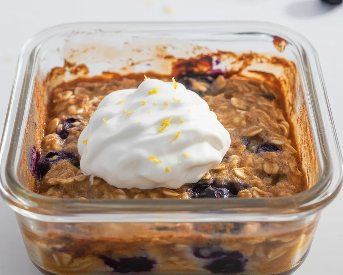 Bowl of protein-packed baked oats topped with fresh berries and nuts