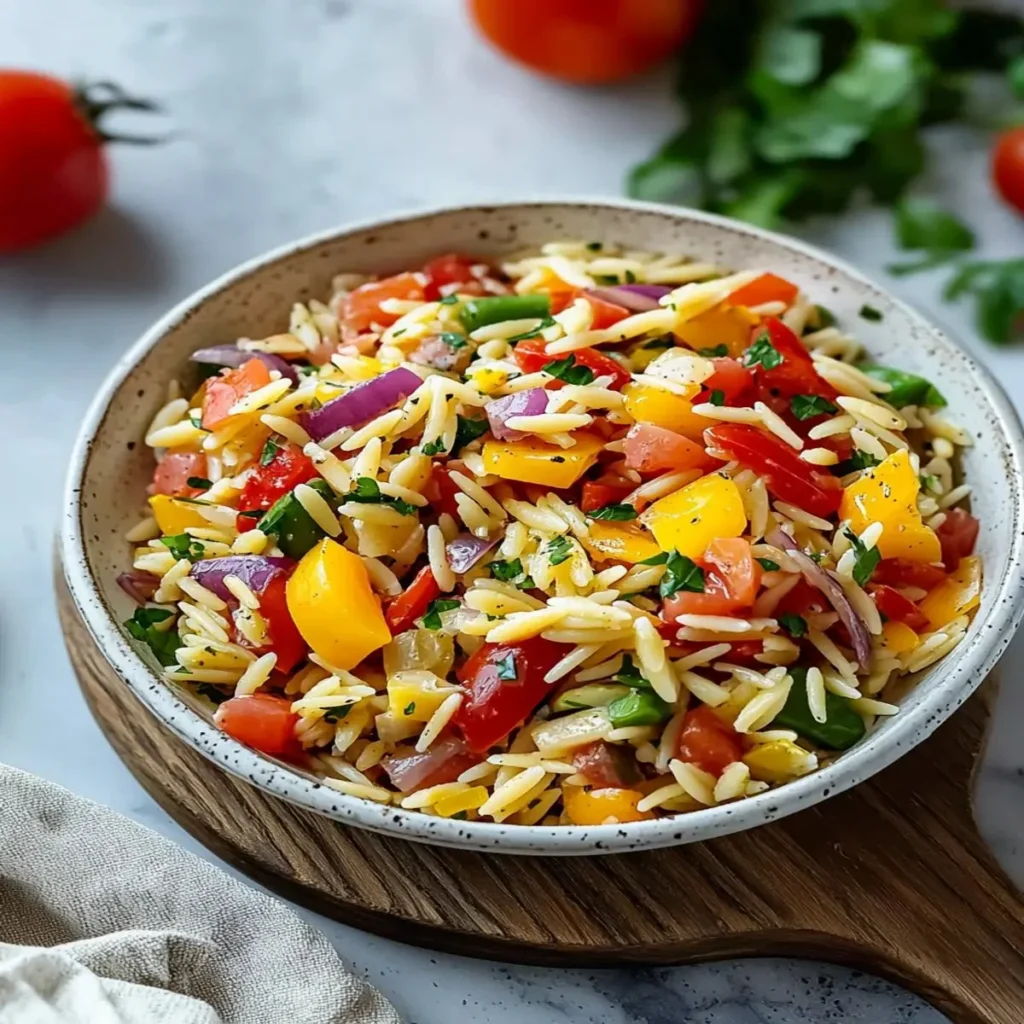 Colorful bowl of Easy Rainbow Orzo Salad with fresh vegetables and dressing