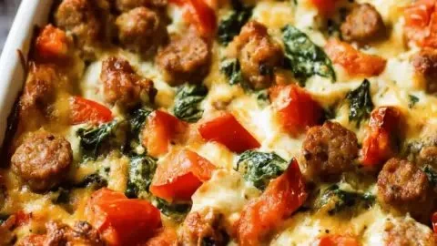 Easy sausage, spinach, and tomato egg casserole dish served for brunch.