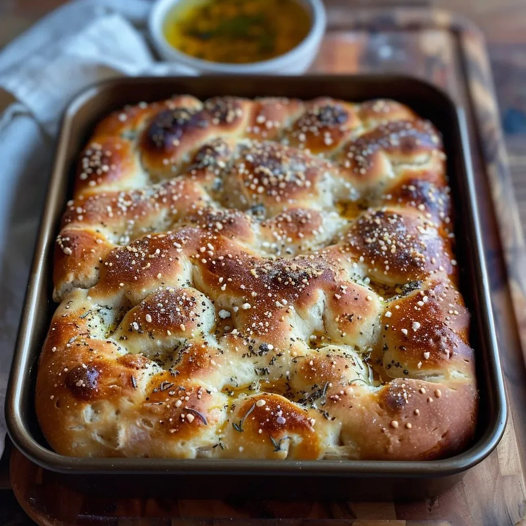 Homemade sourdough focaccia bread topped with herbs and olive oil.