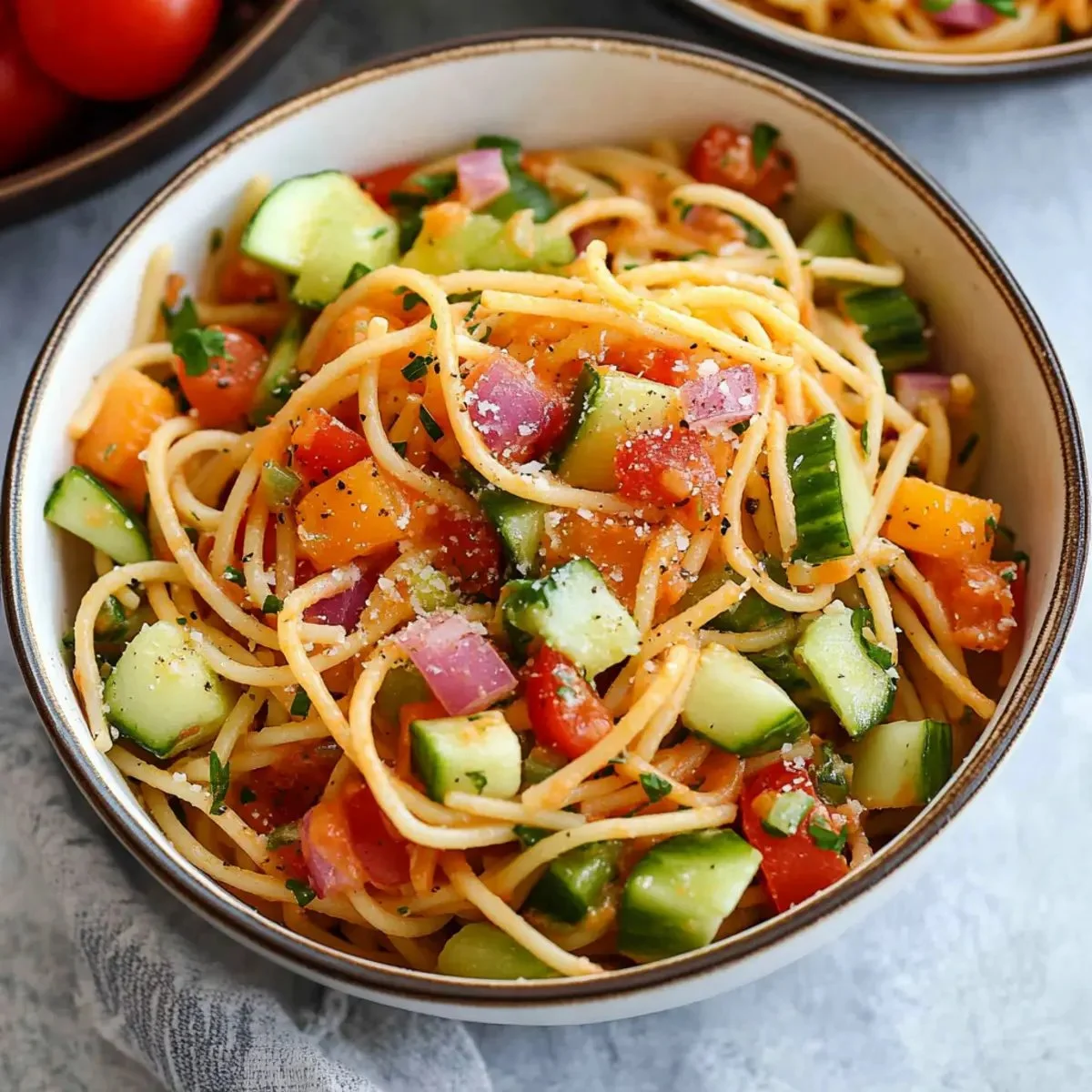 Colorful and refreshing spaghetti salad with vegetables, perfect for warm days.