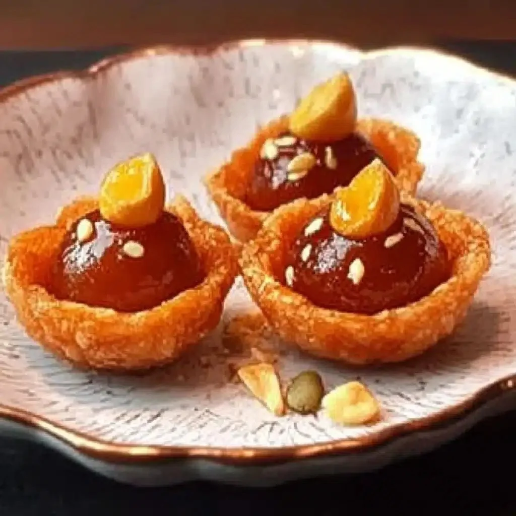 Elegant Gulab Jamun served in Kunafa nests, a fusion dessert showcasing Indian flavors.
