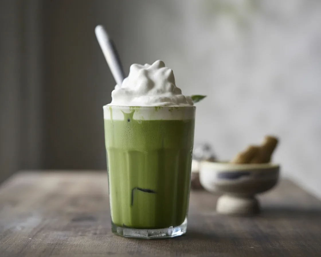 Delicious Matcha latte topped with fluffy whipped cream, perfect for a refreshing drink.