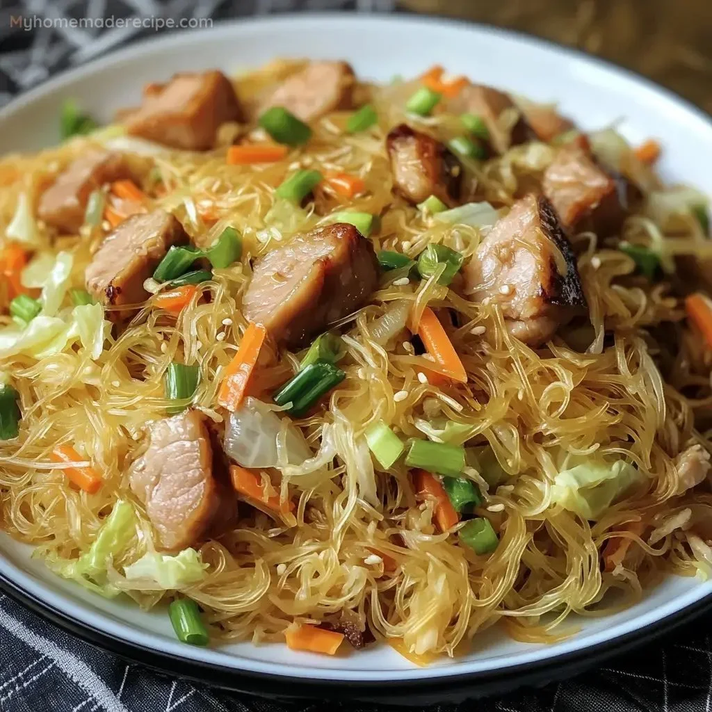 A vibrant plate of Filipino Pancit noodles with vegetables and meat.