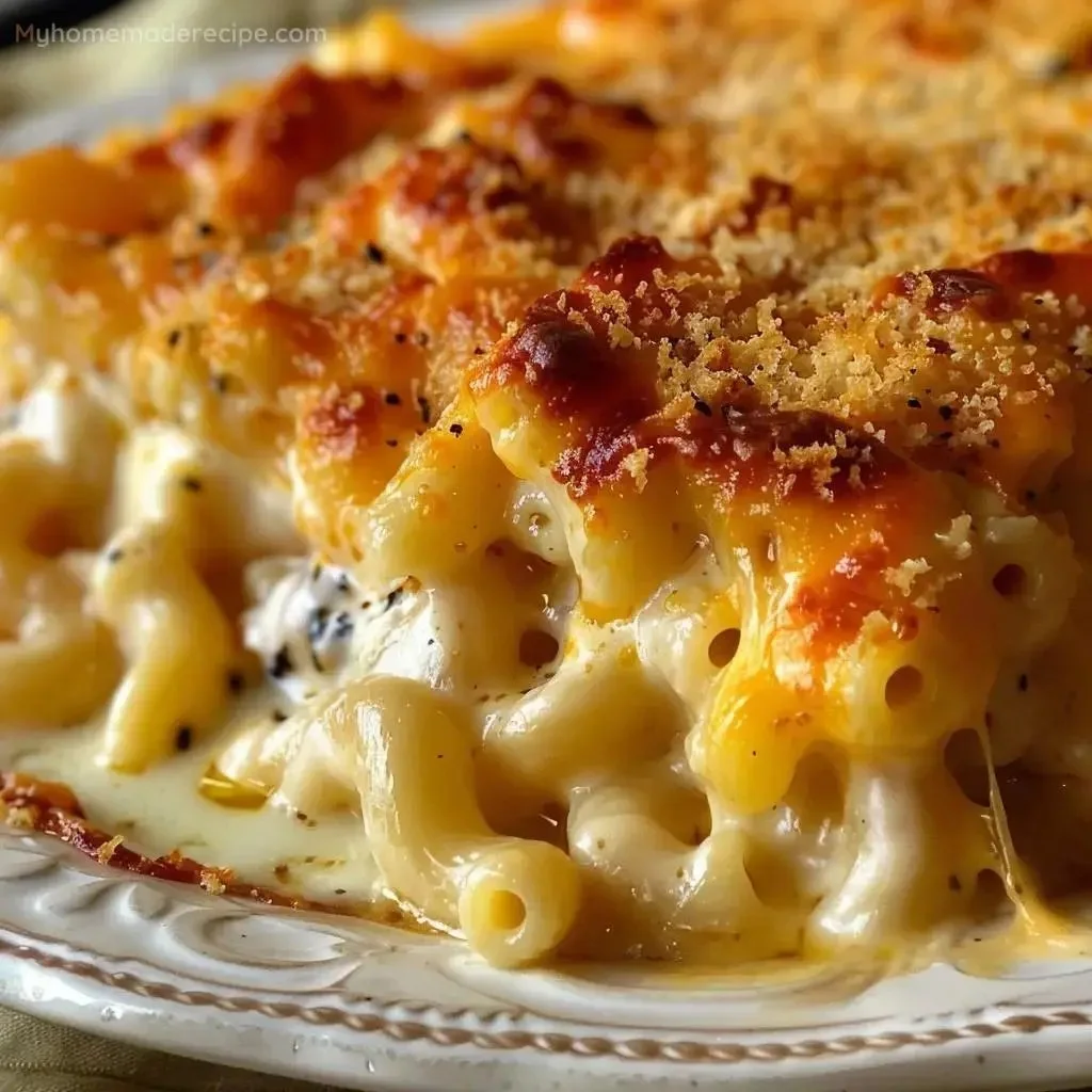 Delicious Five-Cheese Mac and Cheese topped with crispy breadcrumbs