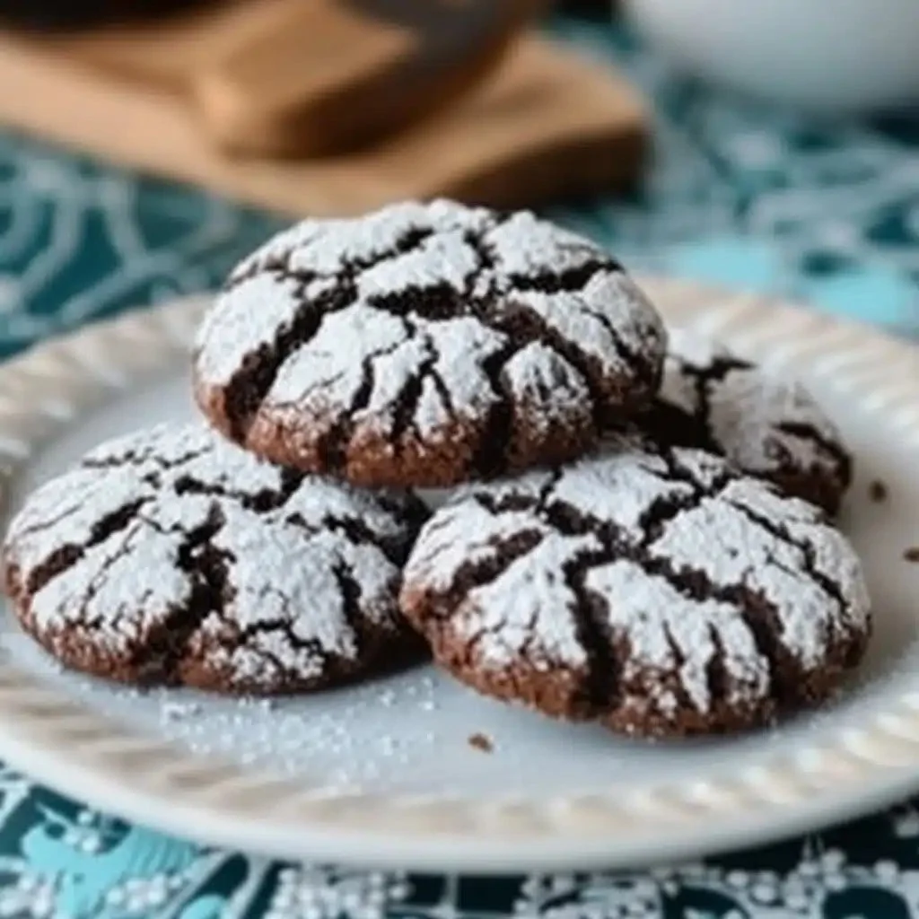 Flourless chocolate crinkle cookies dusted with powdered sugar on a plate.