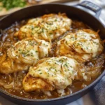 A plate of French onion chicken garnished with cheese and herbs