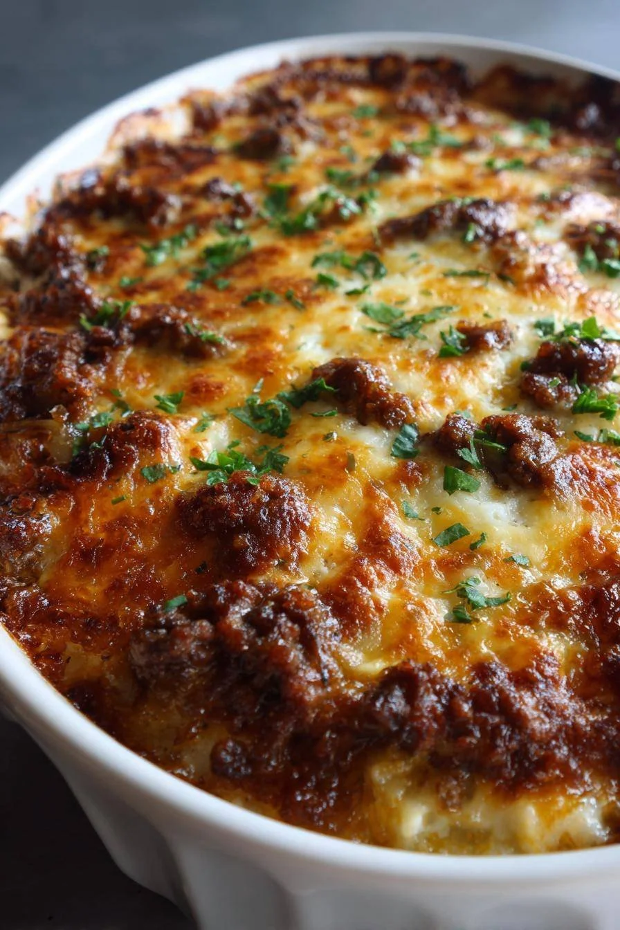 French onion ground beef and rice casserole served in a baking dish