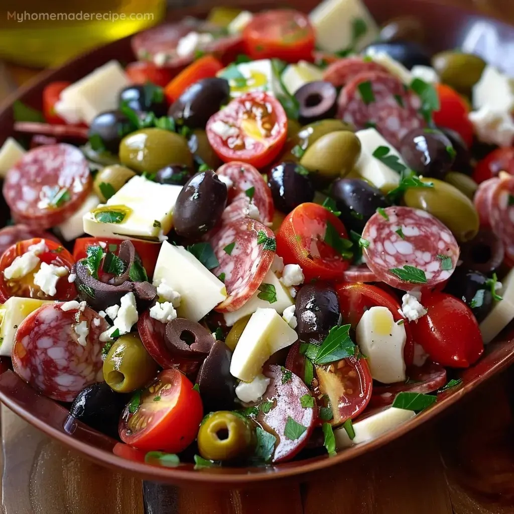 Fresh antipasto salad with tomatoes, olives, and various cheeses.
