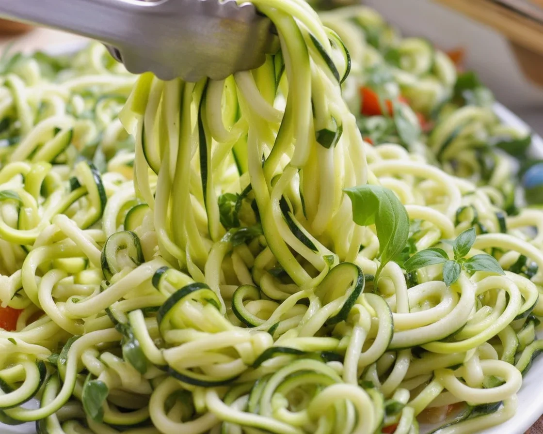 Delicious zucchini noodles topped with garlic, basil, and parmesan in a bowl.