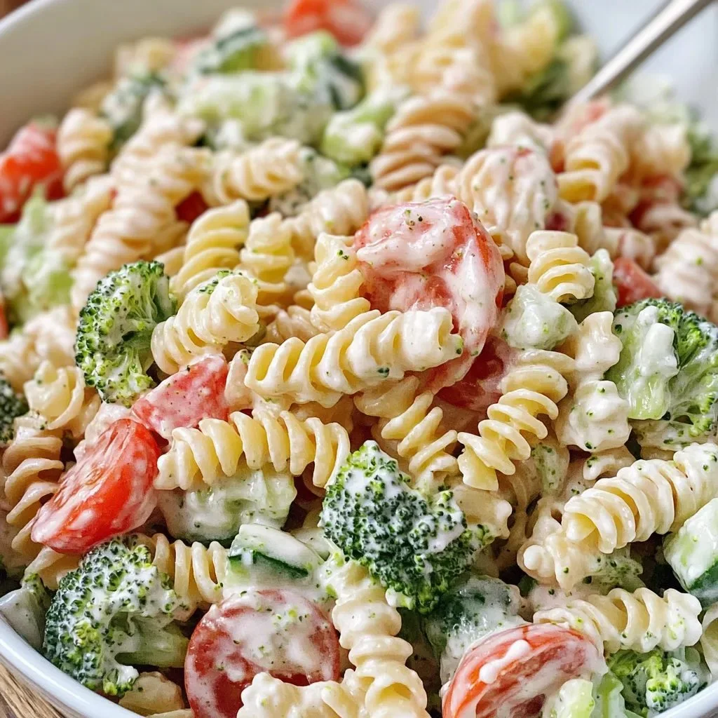 Bowl of fresh ranch pasta salad with colorful vegetables and creamy dressing