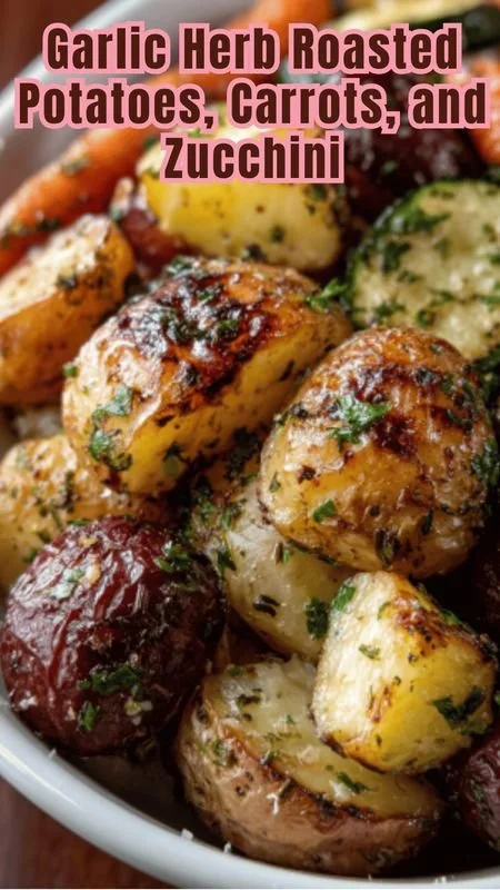 Colorful garlic herb roasted vegetables on a serving platter.