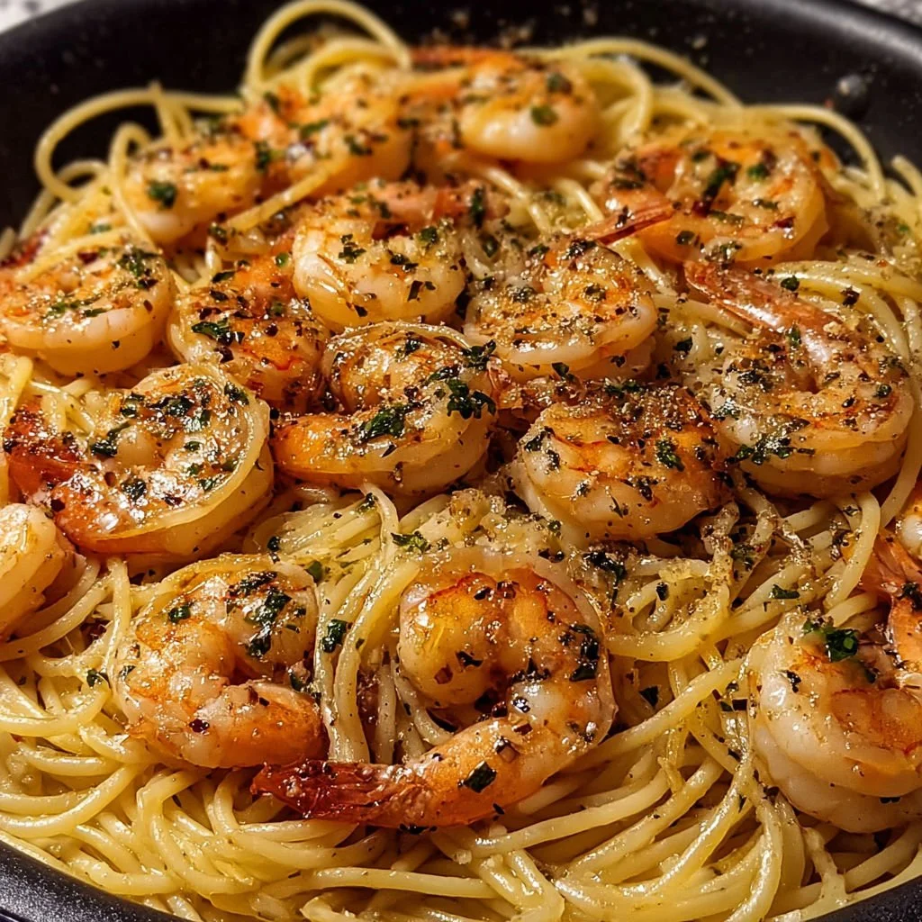 Delicious plate of Garlic Shrimp Pasta with herbs and spices