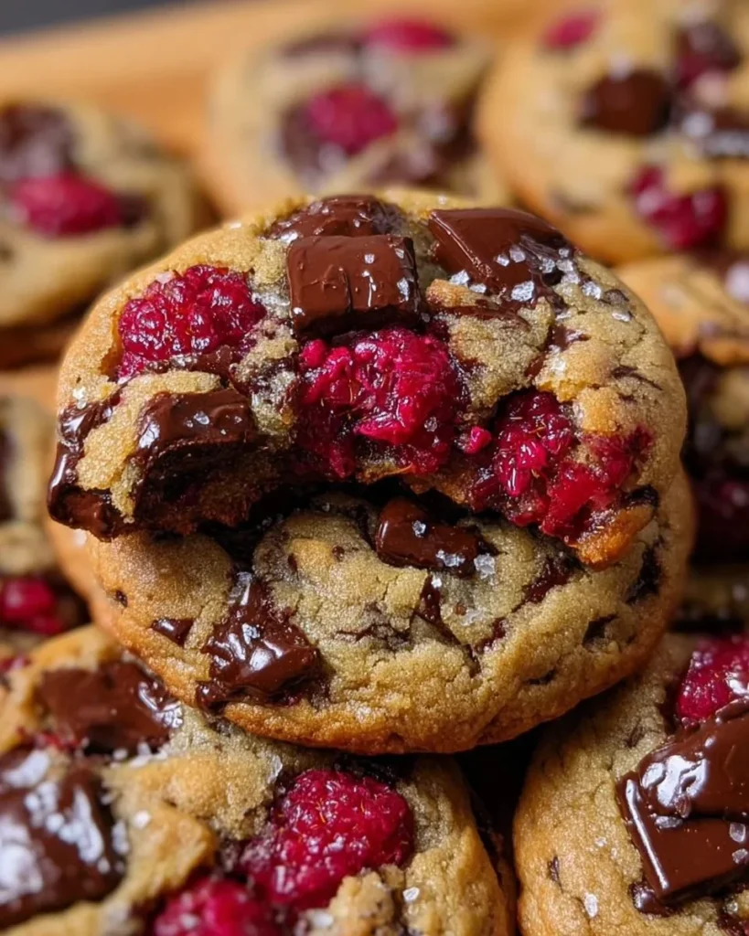 Delicious gooey raspberry chocolate cookies with rich chocolate chunks
