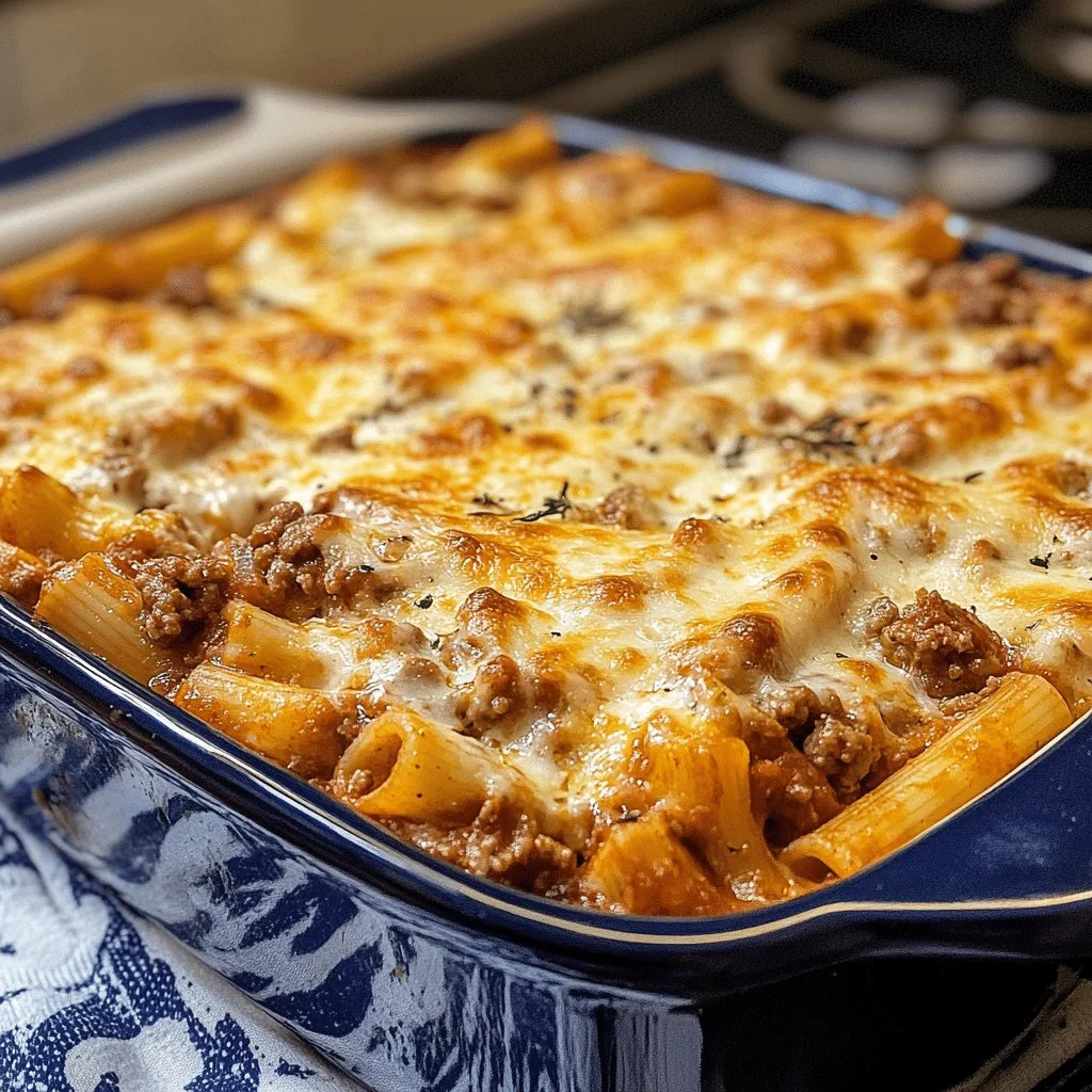 Greek Baked Ziti with ground beef and mozzarella cheese in a serving dish