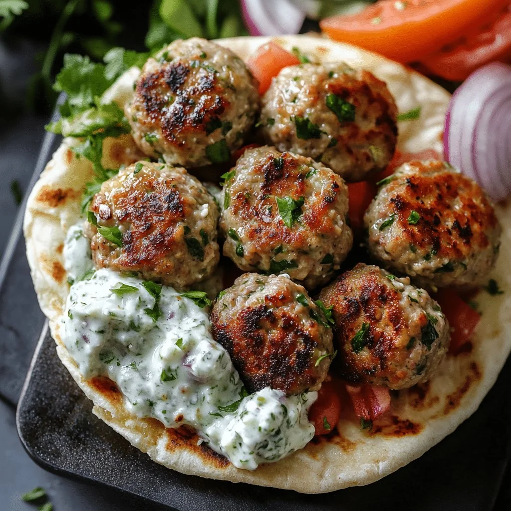 Delicious Greek Turkey Meatball Gyro with Tzatziki sauce on a plate