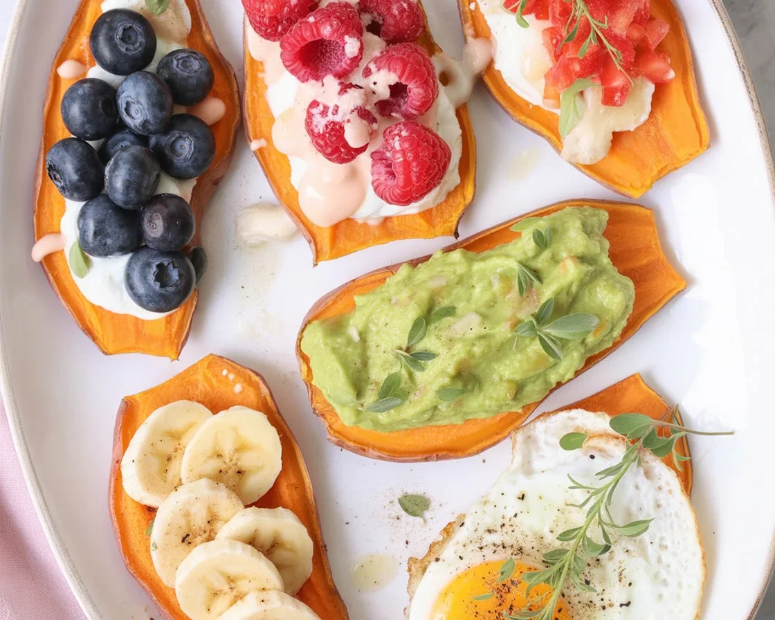 Delicious sweet potato toast topped with avocado and nut butter for a healthy breakfast.