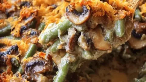 Delicious Hamburger Green Bean Casserole with Mushrooms ready to serve