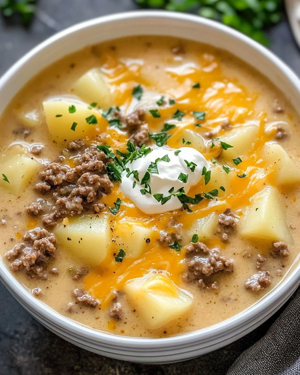 Bowl of hearty Hamburger Potato Soup with potatoes and ground beef.