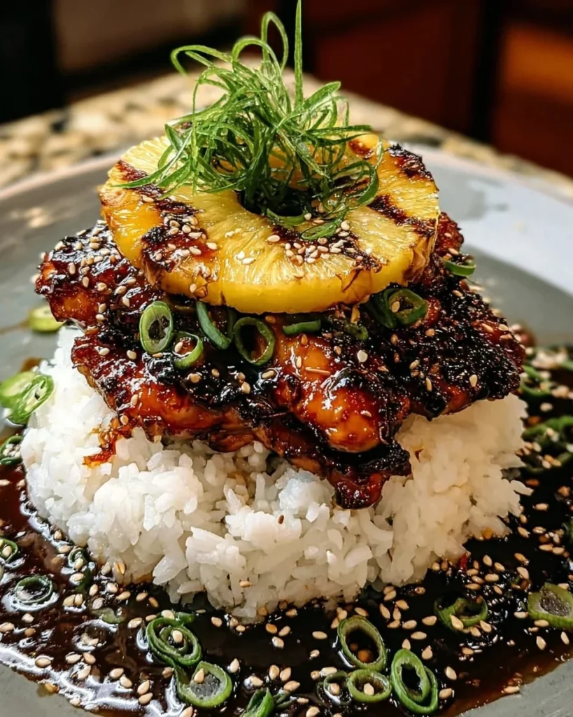 Hawaiian Huli Huli Chicken Stack with grilled chicken and tropical toppings