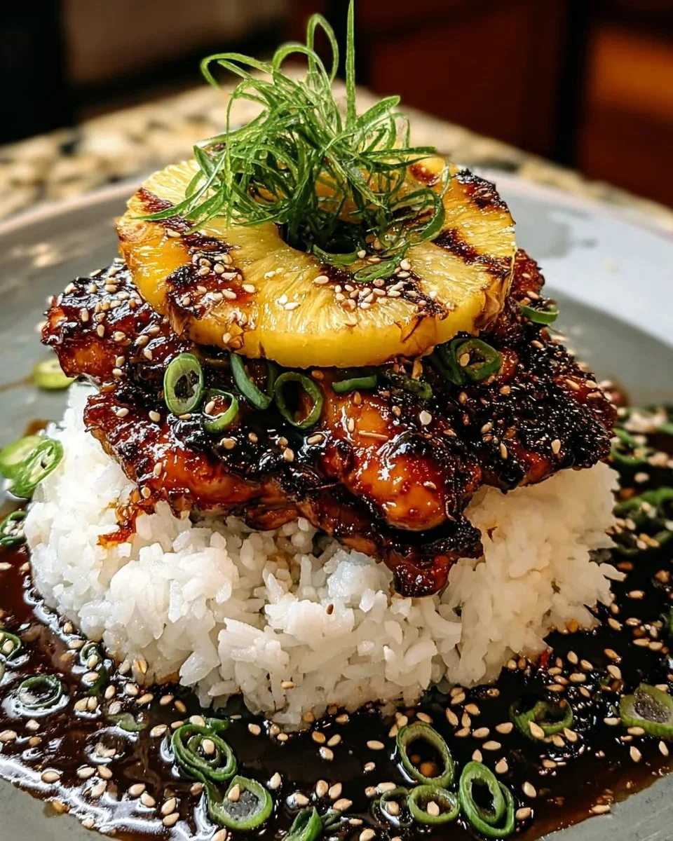 Hawaiian Huli Huli Chicken Stack with grilled chicken and tropical toppings