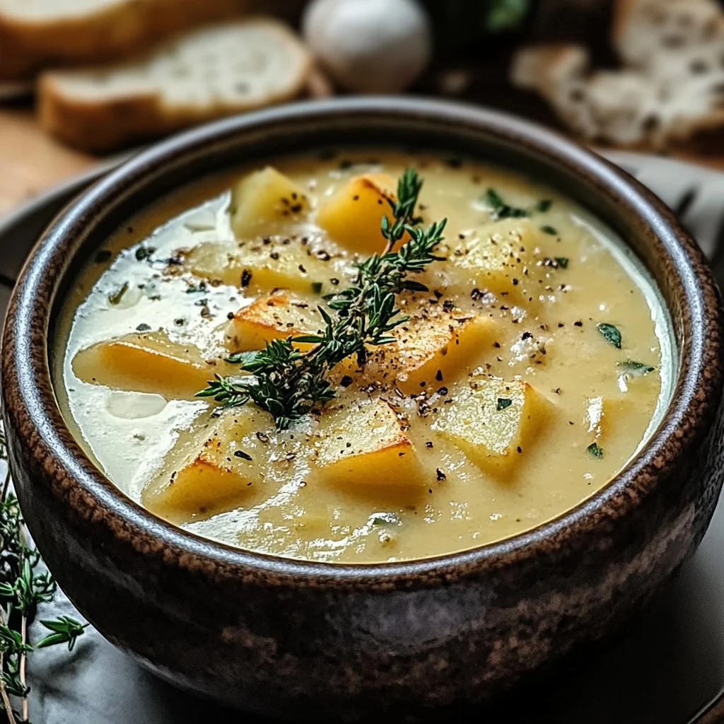 Bowl of hearty cheddar garlic herb potato soup topped with herbs and cheese