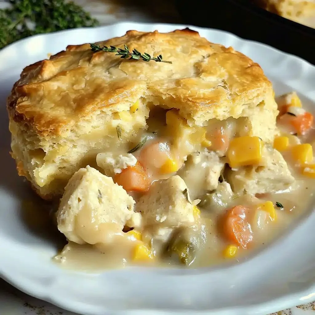 Hearty chicken pot pie topped with cheddar sage biscuits in a rustic setting