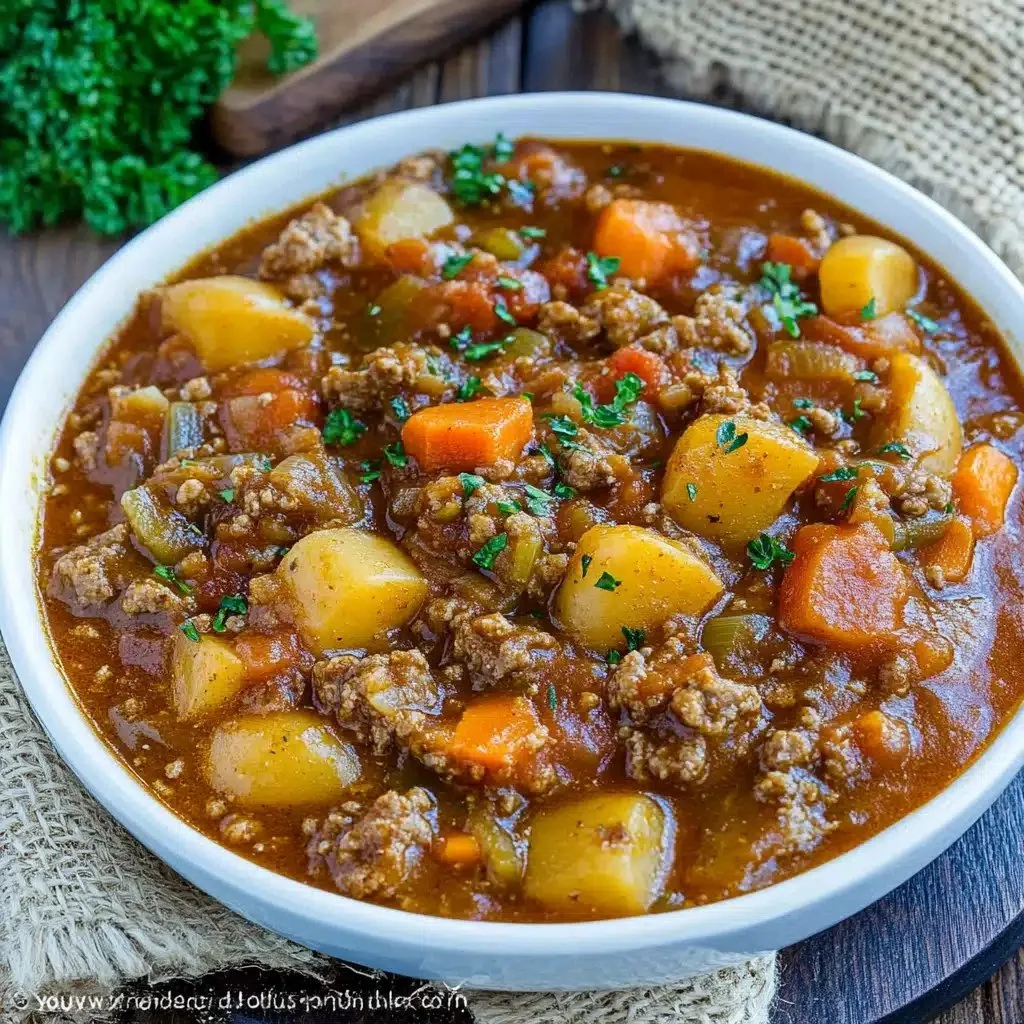 A bowl of hearty hamburger stew topped with fresh herbs and vegetables.