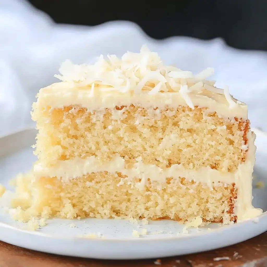 Heavenly soft coconut milk cake topped with coconut flakes and fresh cream