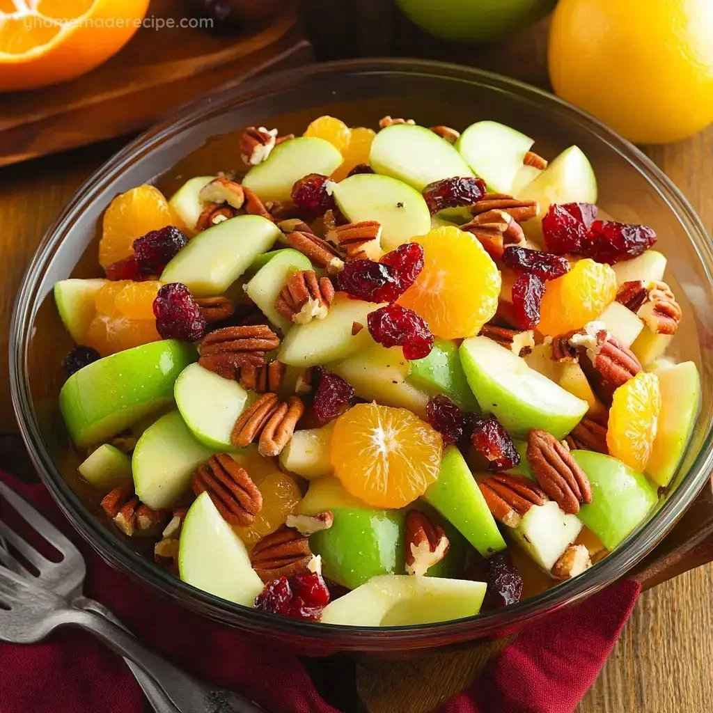 Colorful holiday fruit salad with assorted seasonal fruits in a bowl.
