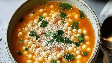 Bowl of homemade Italian Pastina Soup garnished with herbs and vegetables