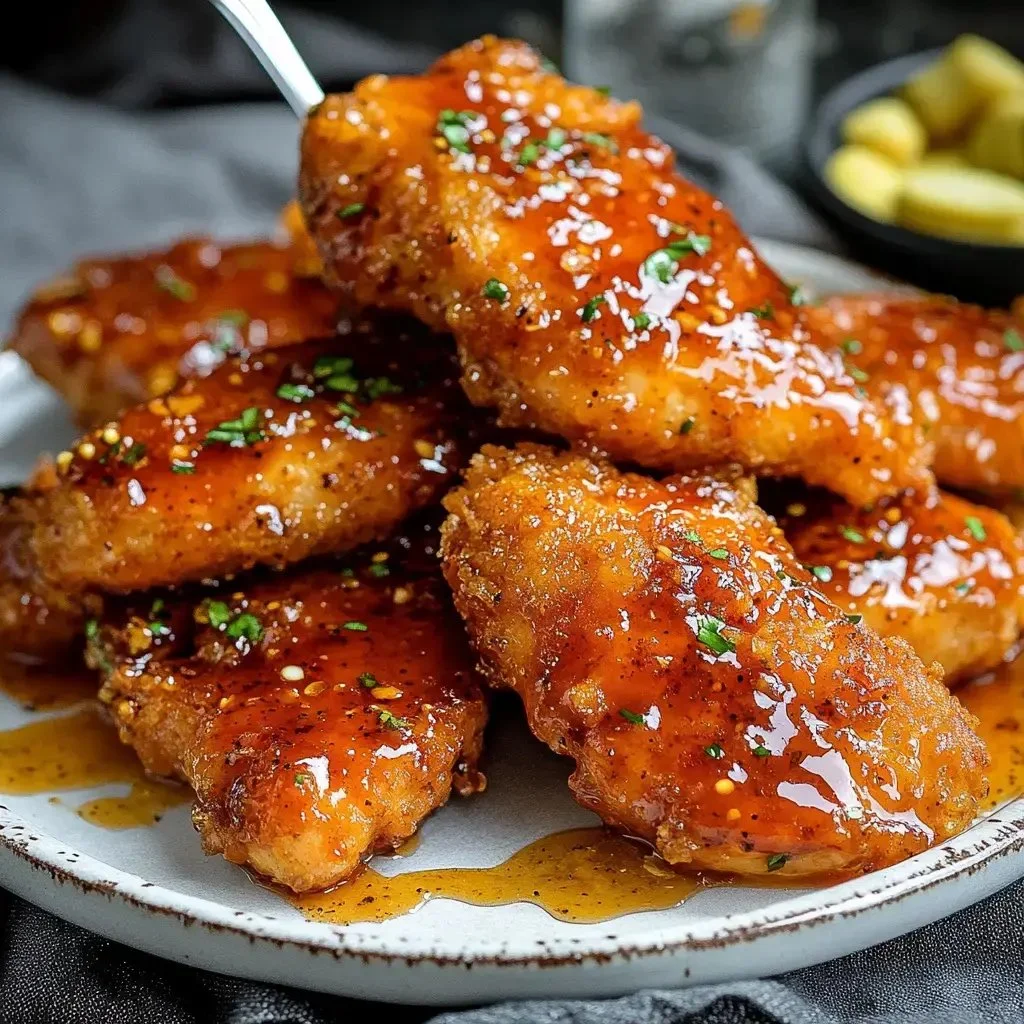 Plate of hot honey chicken garnished with herbs