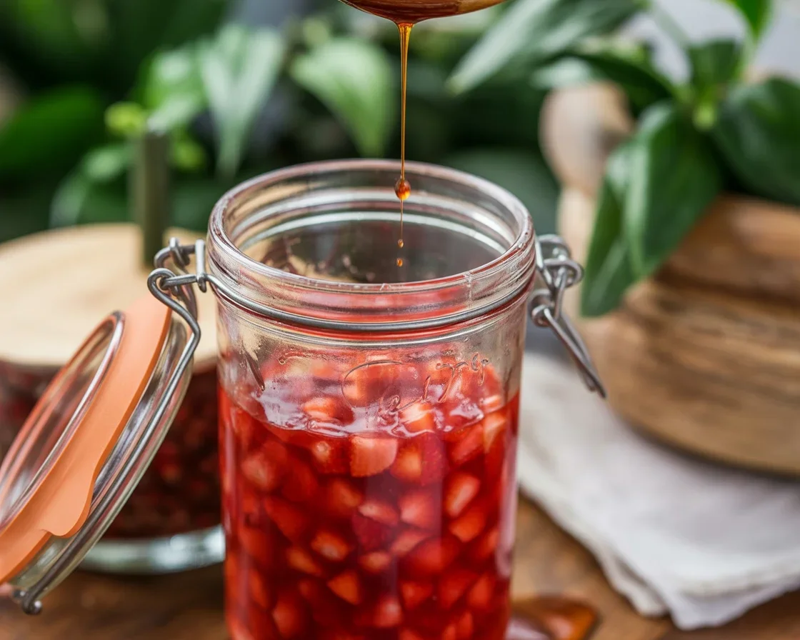 Strawberry Cheong - A delicious homemade Korean strawberry syrup in a glass jar.