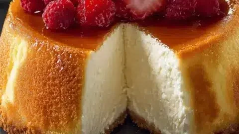 Delicious cheesecake topped with a tender pound cake center, perfect for dessert lovers.