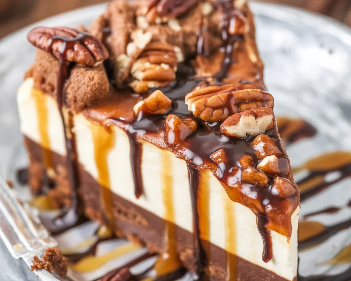 Delicious Caramel Brownie Cheesecake with creamy vanilla layer and salted caramel topping.