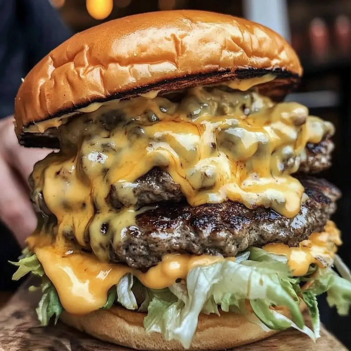 Delicious double cheeseburger with melted cheese and fresh toppings on a bun