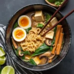 Elevated instant noodles with gourmet toppings and flavors in a bowl