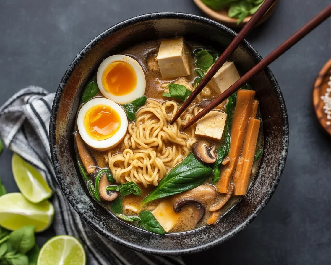 Elevated instant noodles with gourmet toppings and flavors in a bowl