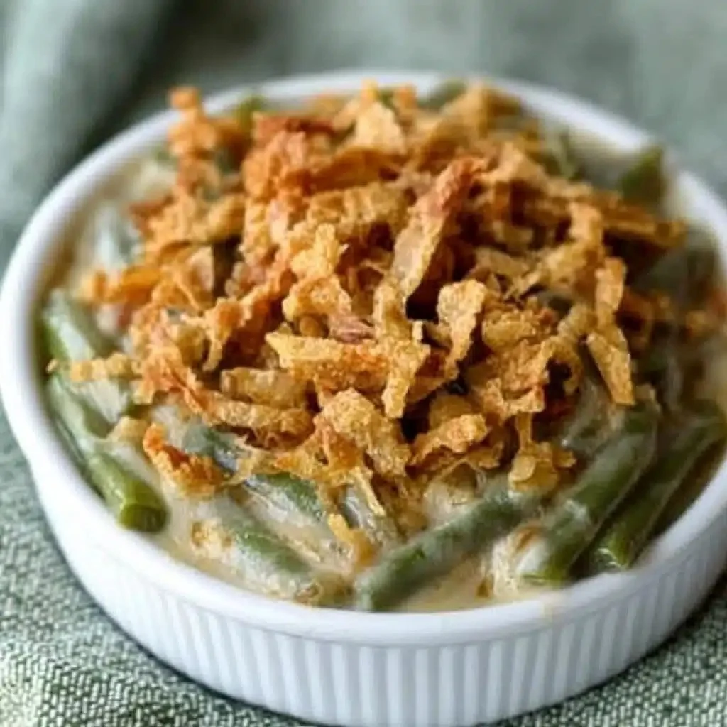 Dairy free green bean casserole served in a festive dish for the holidays