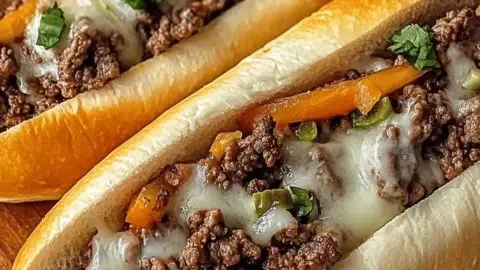 Delicious Ground Beef Philly Cheesesteak sandwich with melted cheese and peppers