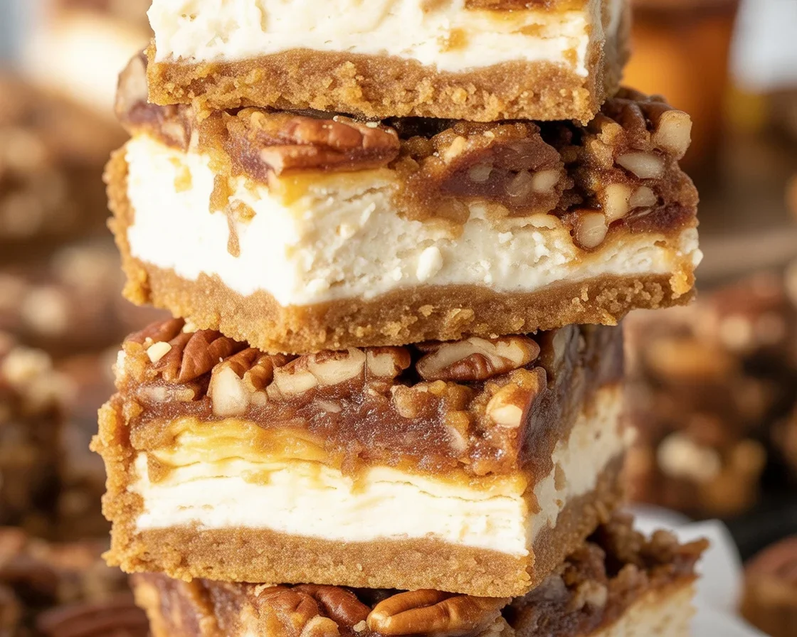 Delicious Pecan Pie Cheesecake Bars with cream cheese filling and graham cracker crust.