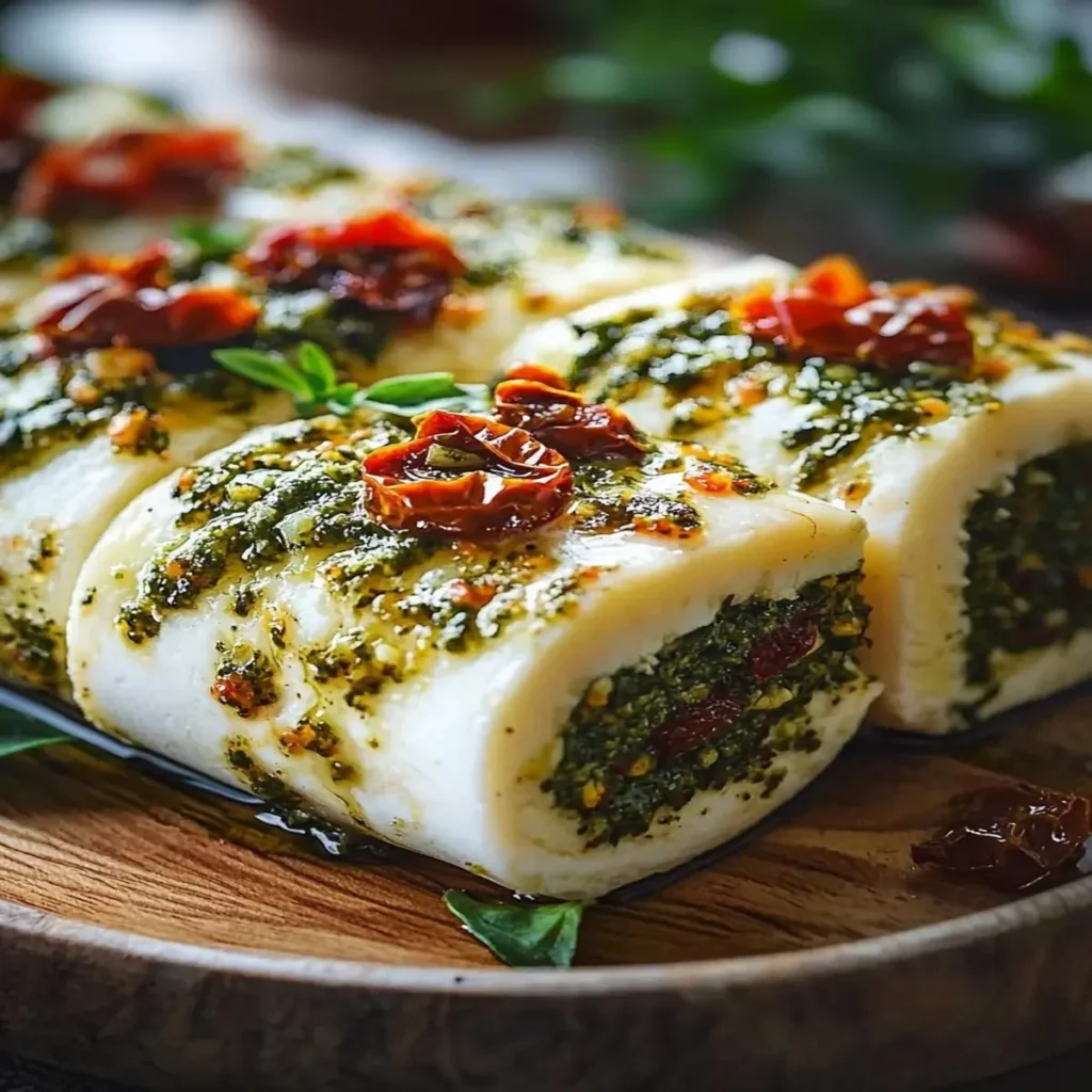 Creamy cheese log with pesto and sun-dried tomatoes served on a platter