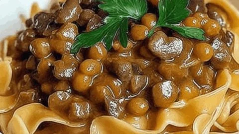 Creamy lentil mushroom stroganoff served in a bowl with fresh herbs