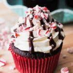 Delicious Peppermint Mocha Cupcakes with chocolate frosting and candy cane topping