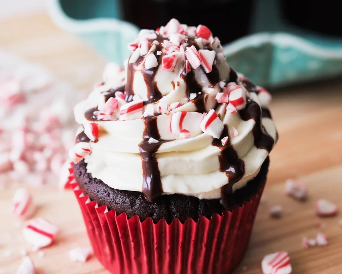 Delicious Peppermint Mocha Cupcakes with chocolate frosting and candy cane topping