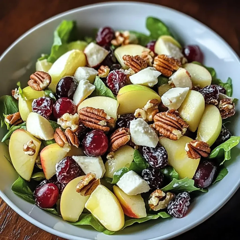 Fresh apple salad with grapes, pecans, and cranberries served in a bowl.
