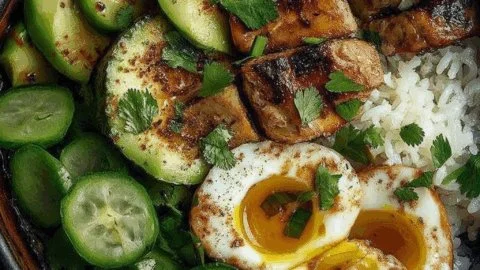 Delicious coconut chicken rice bowl garnished with fresh herbs and vegetables.