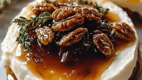 Easy goat cheese appetizer with fig jam and pecans served on a platter