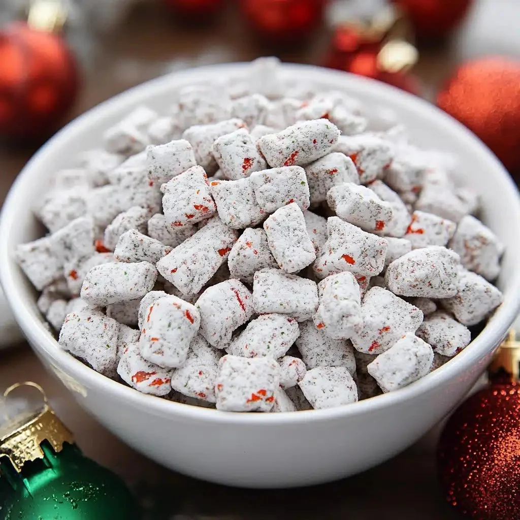 Festive Christmas Puppy Chow in a bowl, decorated for the holidays